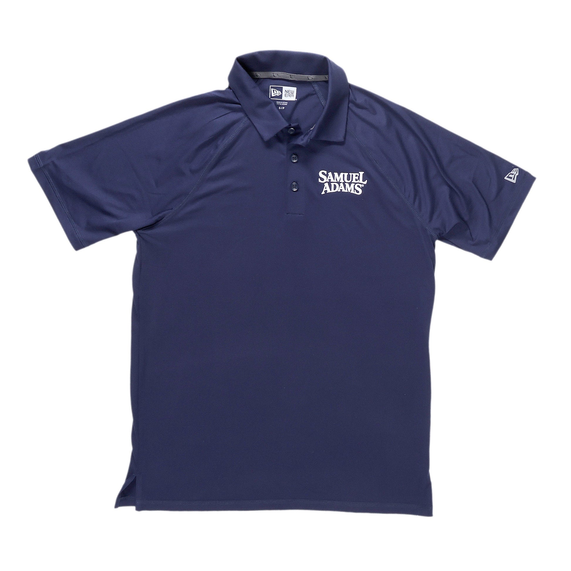 A navy golf polo by New Era with the Sam Adams logo on the top left side of the chest.
