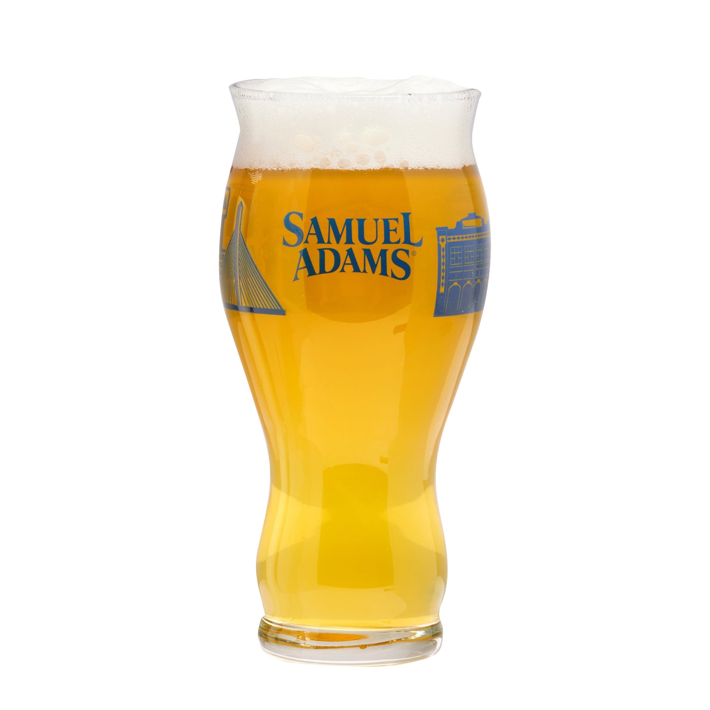 Front of glass features written Samuel Adams logo and start of wraparound Boston skyline.