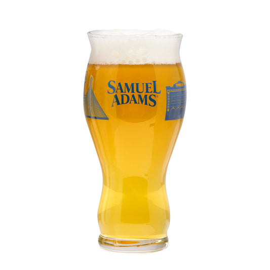 Front of glass features written Samuel Adams logo and start of wraparound Boston skyline.