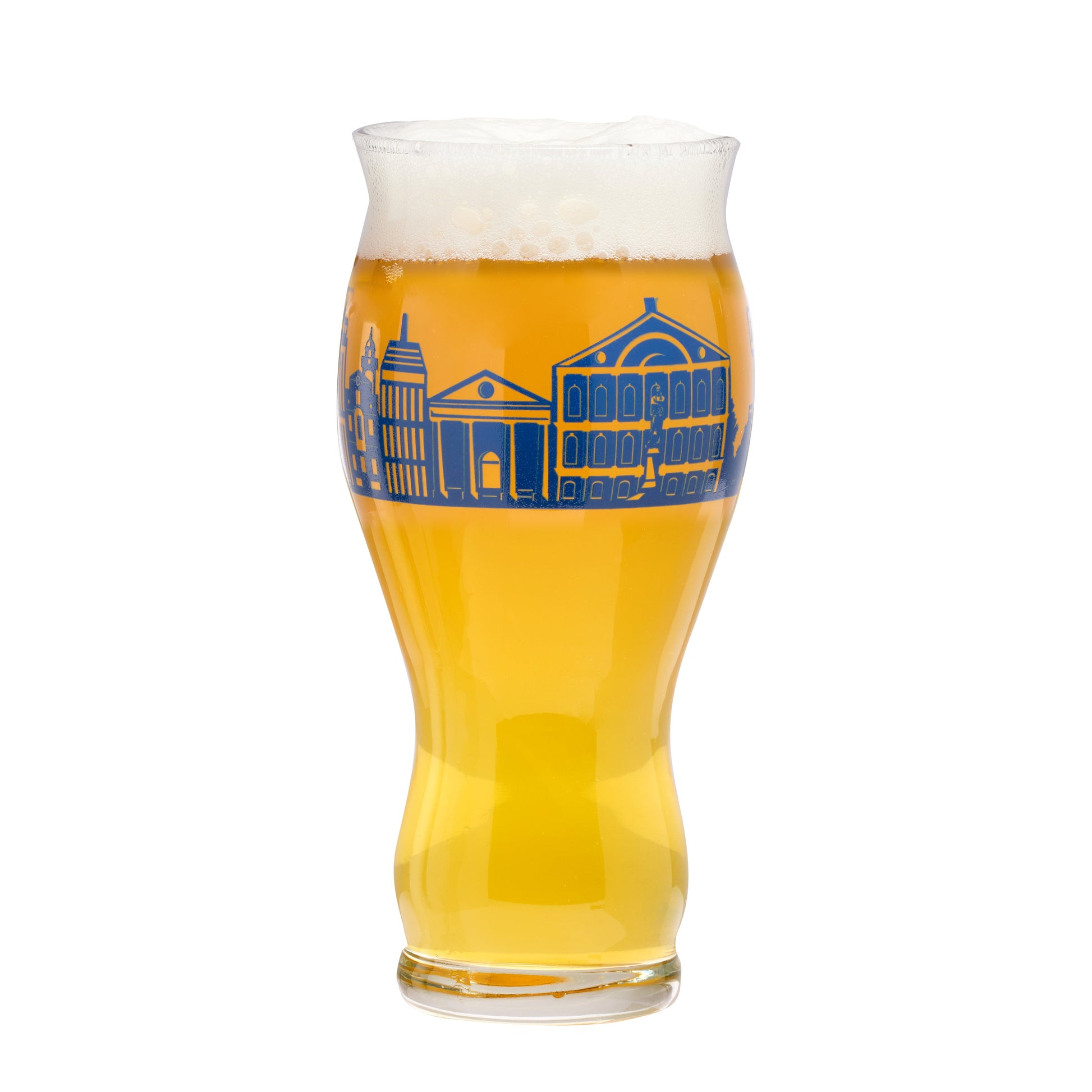 Glass features wraparound Boston skyline in blue.