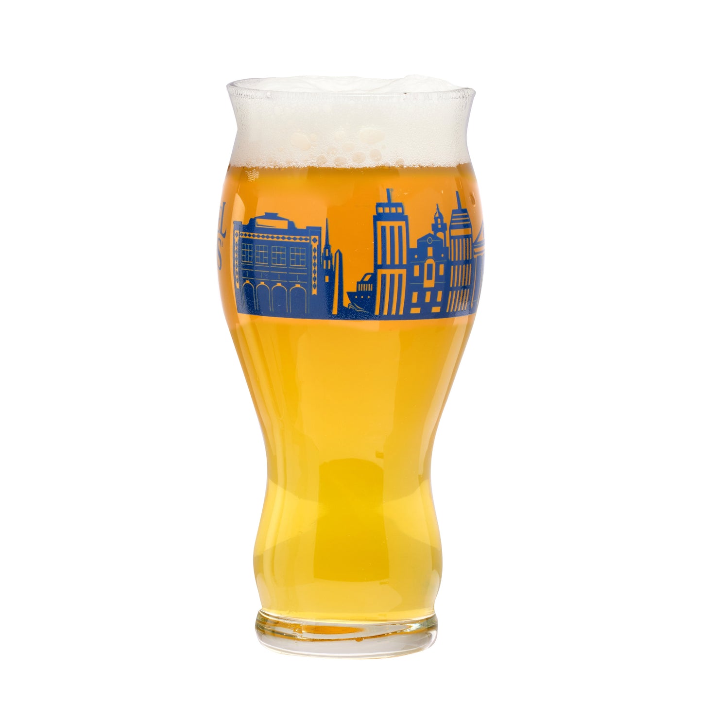 Glass features wraparound Boston skyline in blue.