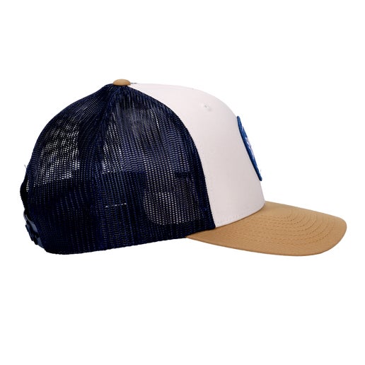 Side view of Samuel Adams trucker hat with a gold-colored rim, navy mesh back, and a solid white front with a blue Samuel Adams shield logo.