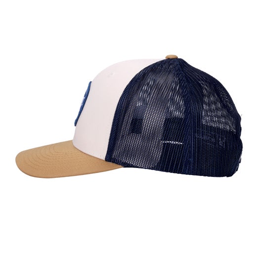 Side view of Back view of Navy and Gold Tri Color Trucker Hat