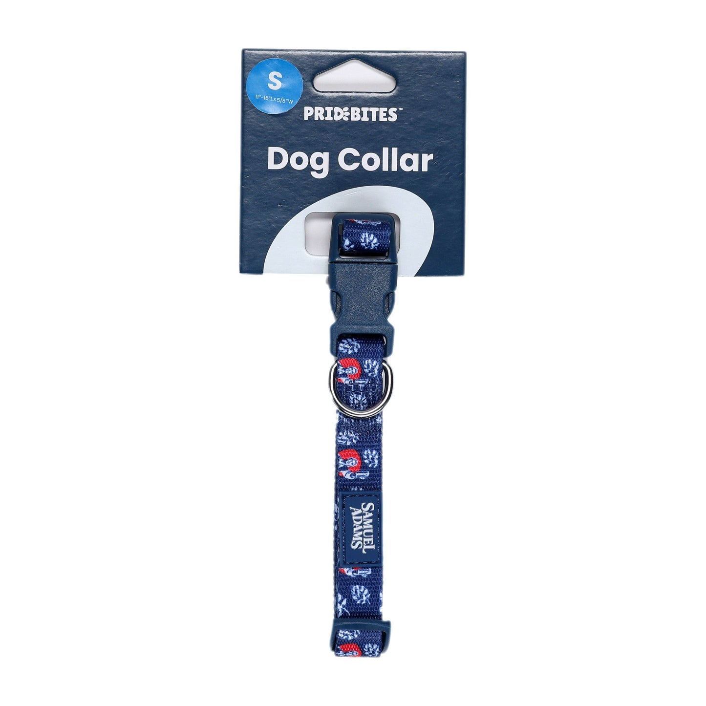 Navy blue Sam Adams branded dog collar with a double-locking buckle and metal D-ring