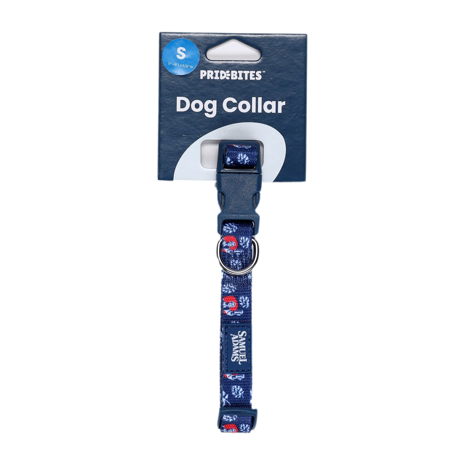 Navy blue Sam Adams branded dog collar with a double-locking buckle and metal D-ring