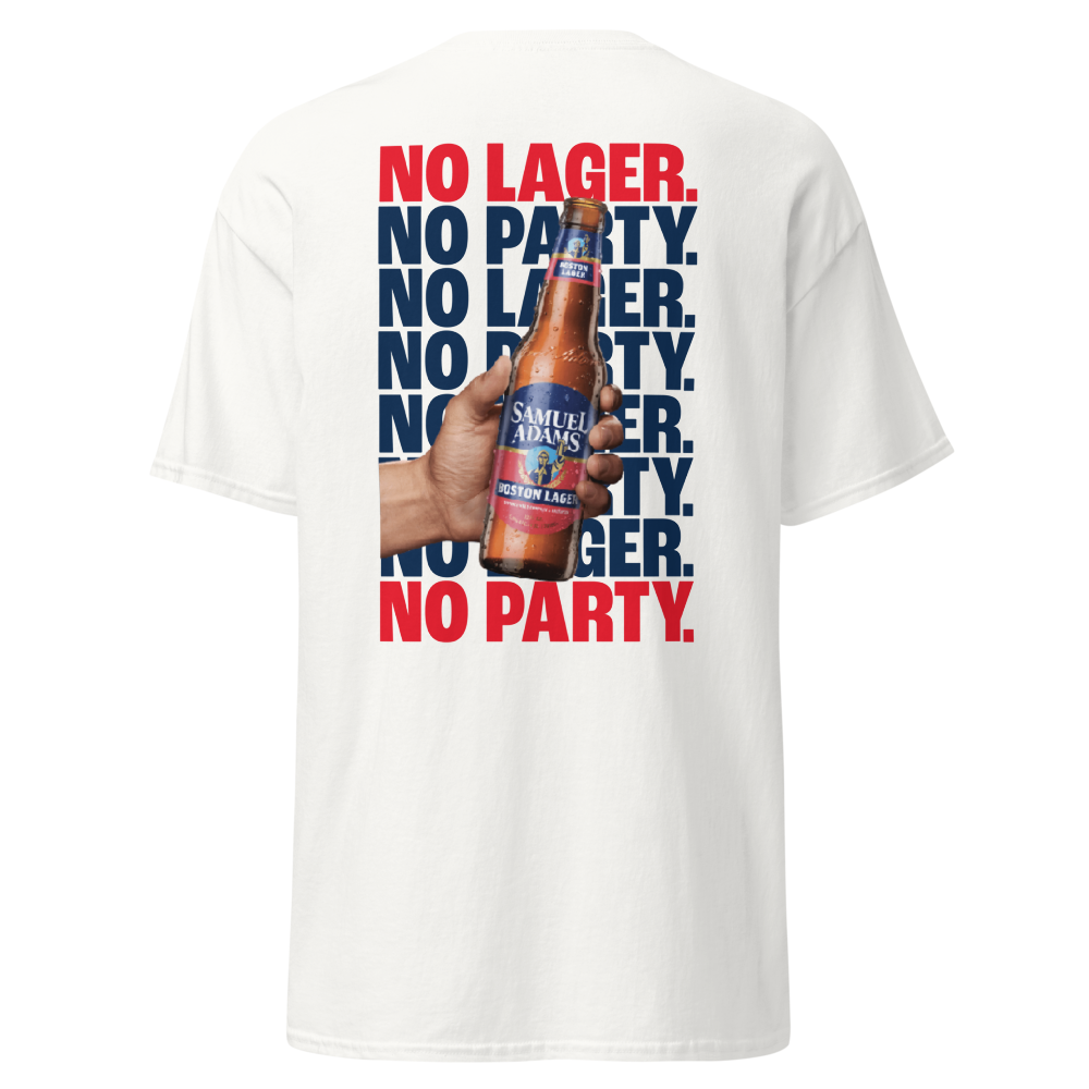 White short-sleeve t-shirt shown from the back, featuring a graphic print with the text 'NO LAGER. NO PARTY.