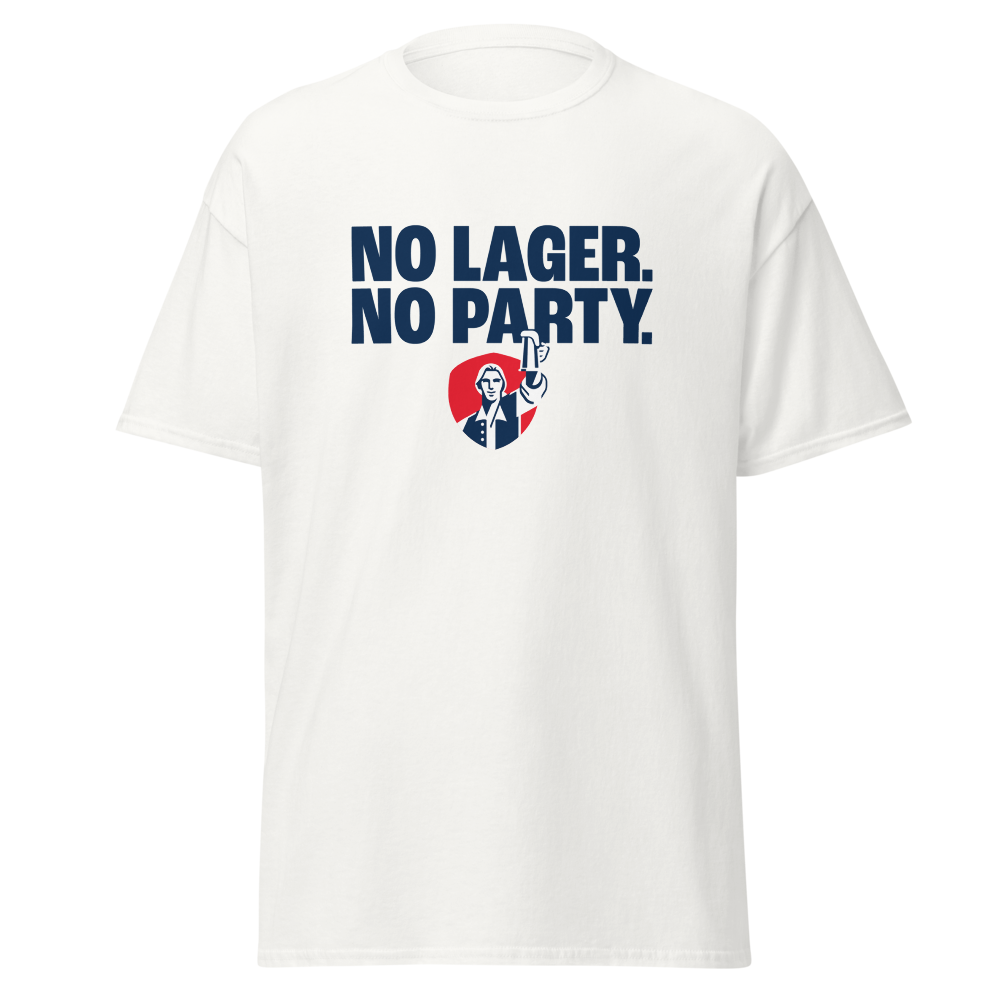 A white short-sleeve crewneck t-shirt featuring a graphic print on the chest with the text 'NO LAGER. NO PARTY.