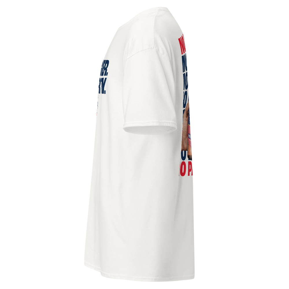 White t-shirt with colorful graphics on a white background