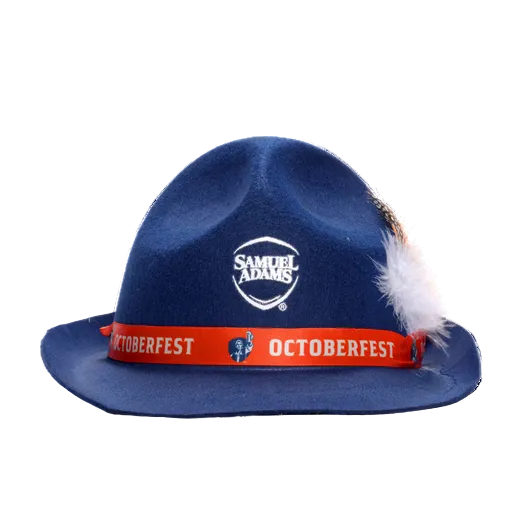 Front view of navy Alpine hat. Sam Adams logo placed in center, with feathers on the left side. Orange ribbon with "Octoberfest" writing circles hat.