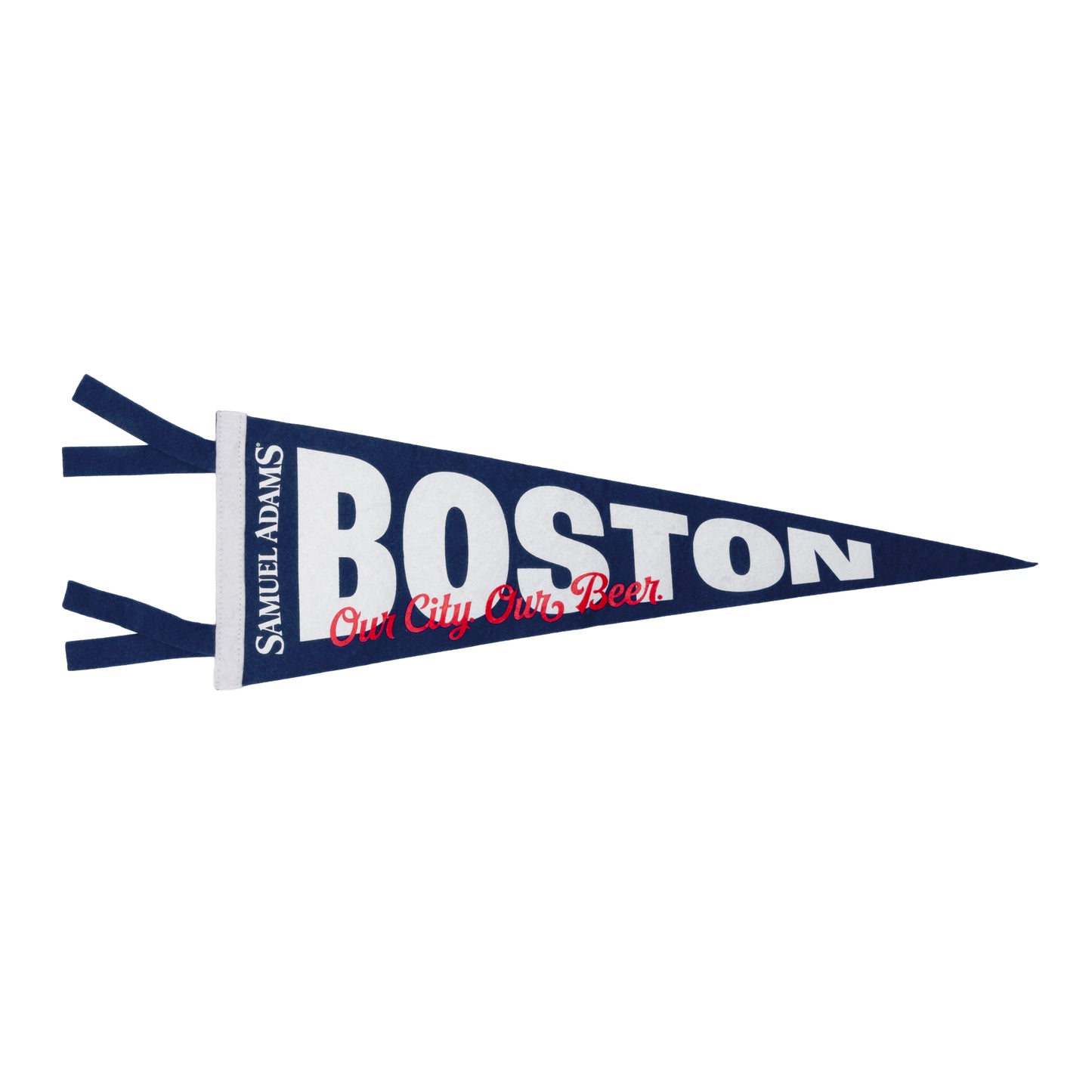 Samuel Adams Boston pennant with text on a white background