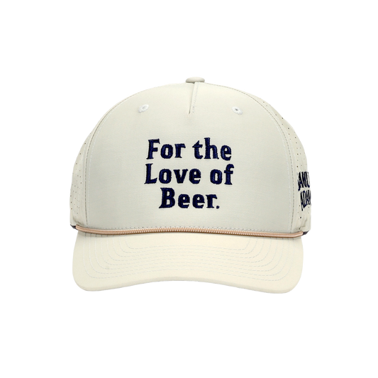 Beige cap with navy 'For the Love of Beer' text 