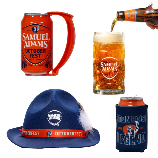 Samuel Adams Octoberfest themed merchandise set including an orange can grip for twelve ounce can, a glass of beer being poured from a bottle, a blue felt hat with a white feather, and a navy can cooler with an orange can, all on a white background.