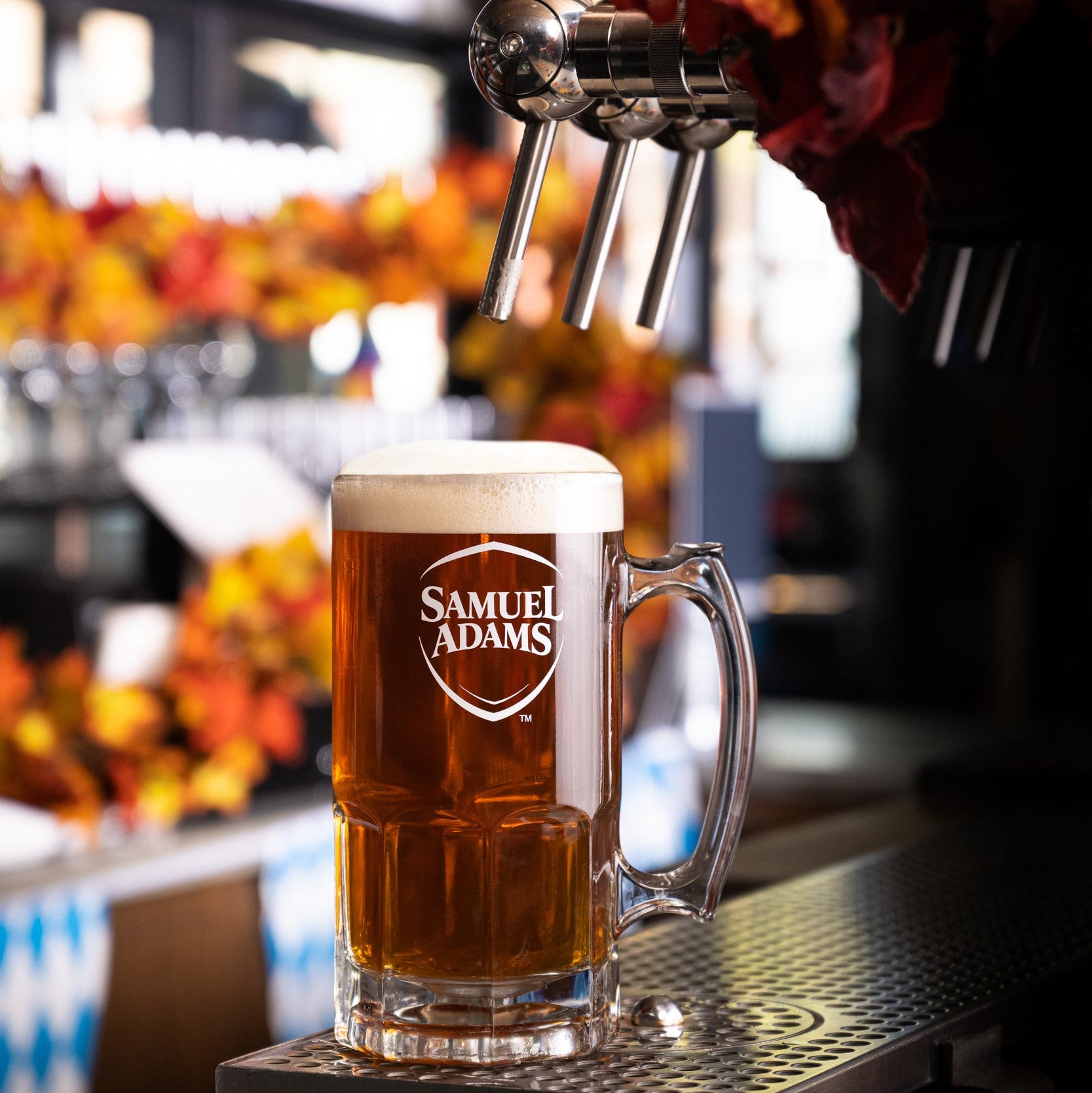 A clear glass beer mug with a handle and Samuel Adams logo, filled with amber beer and topped with white foam, sitting on a metal tap deck at a bar with beer taps and autumn leaves in the background.