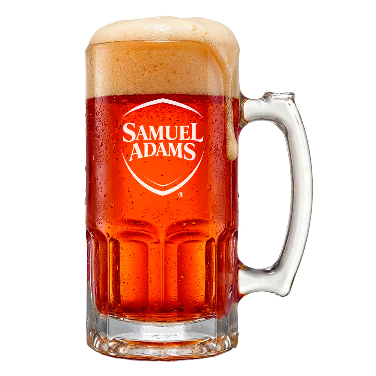A clear glass beer mug filled with amber beer and topped with a thick head of white foam, featuring the white Samuel Adams logo on the front, isolated on a white background.