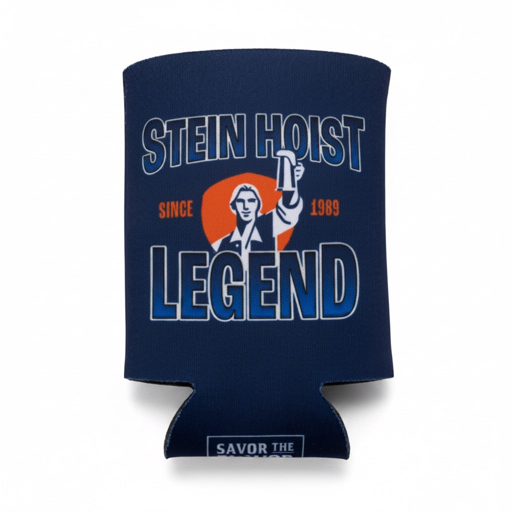 A navy blue neoprene can cooler featuring a graphic of a man holding a beer glass, with the text 'STEIN HOIST LEGEND' and 'SINCE 1989' in blue and orange, on a white background.