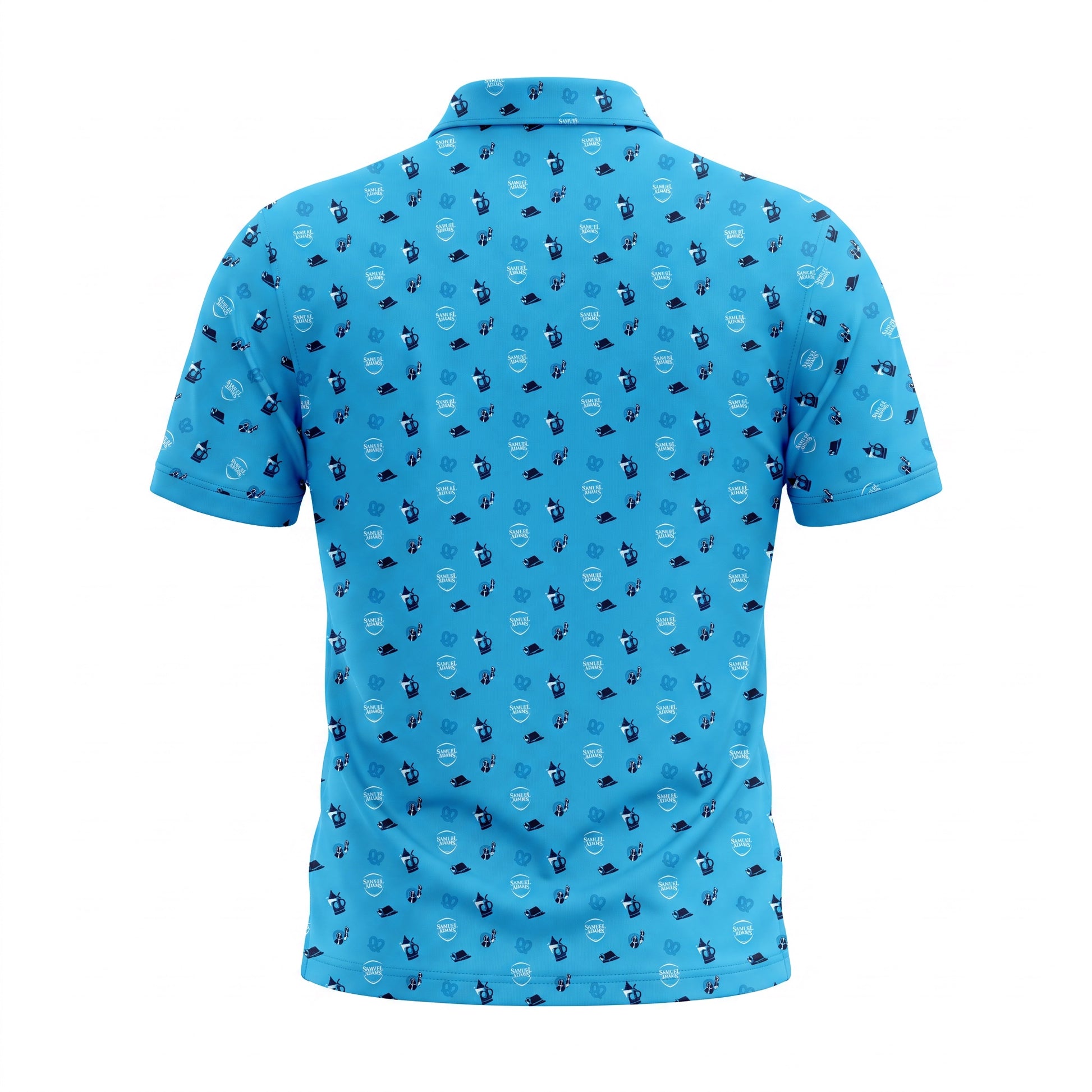 A short-sleeve polo shirt shown from the back, featuring a bright blue base with a repeating all-over pattern of small dark blue and white cartoon-style figures.