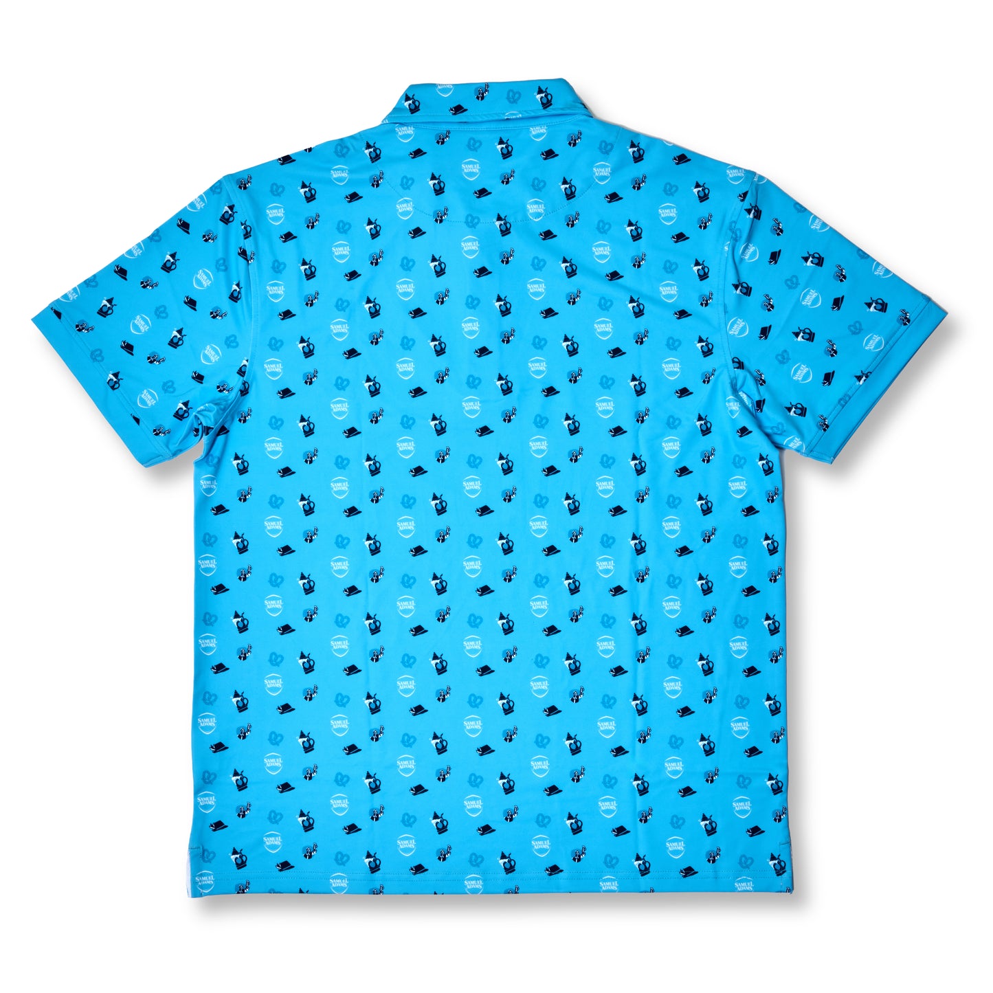 A short-sleeve collared button-up shirt shown flat against a white background, featuring a bright blue base with an all-over repeating pattern of small black and white figures.