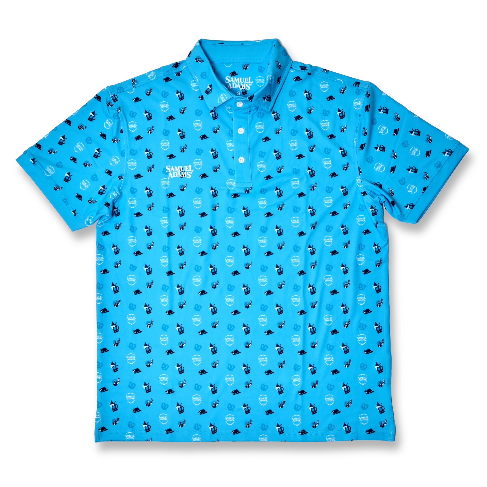 A bright blue short-sleeve polo shirt with an all-over repeating pattern of small dark blue and white illustrations, featuring a white button placket and a white embroidered 'Samuel Adams' logo on the left chest.