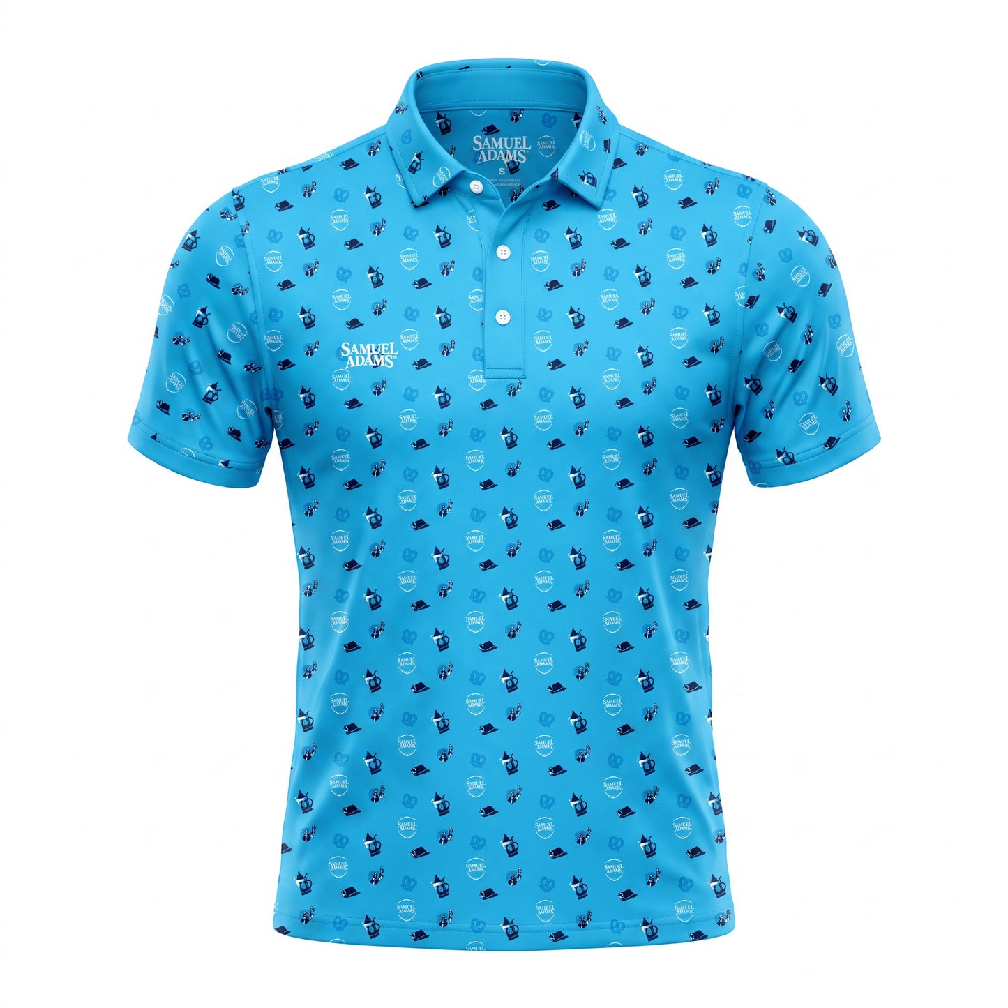 A bright blue short-sleeve polo shirt with an all-over repeating pattern of small dark blue and white golf club and ball icons, featuring a white button placket and a white 'SAMUEL ADAMS' logo on the left chest.