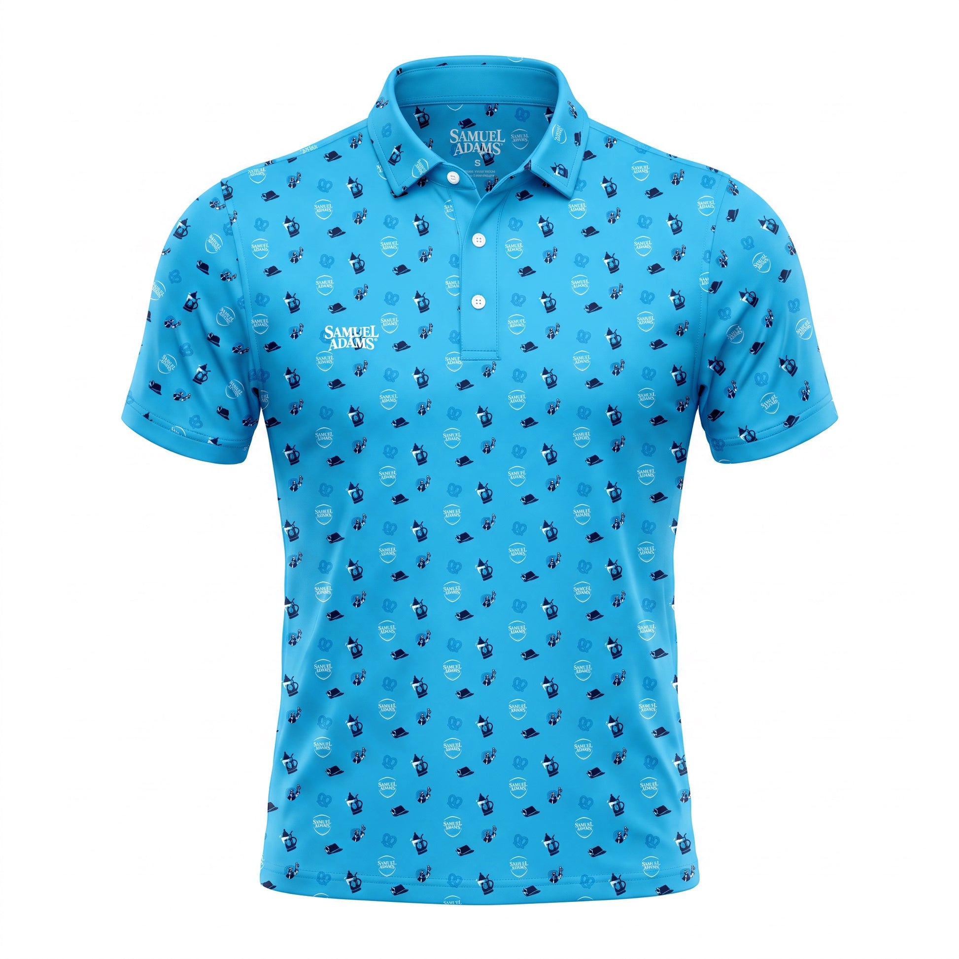 A bright blue short-sleeve polo shirt with an all-over repeating pattern of small dark blue and white golf club and ball icons, featuring a white button placket and a white 'SAMUEL ADAMS' logo on the left chest.