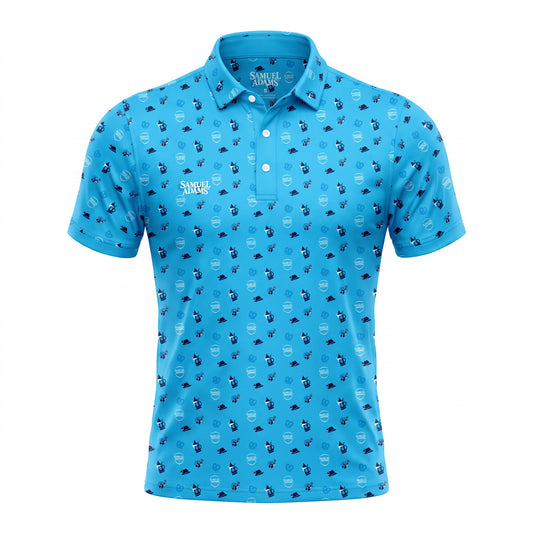 A bright blue short-sleeve polo shirt with an all-over repeating pattern of small dark blue and white golf club and ball icons, featuring a white button placket and a white 'SAMUEL ADAMS' logo on the left chest.