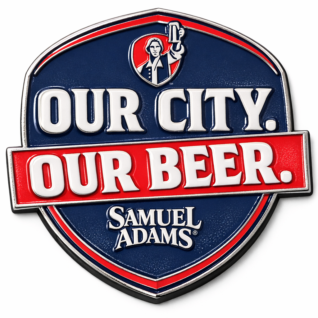 Samuel Adams logo with 'Our City. Our Beer.' text on a blue and red background
