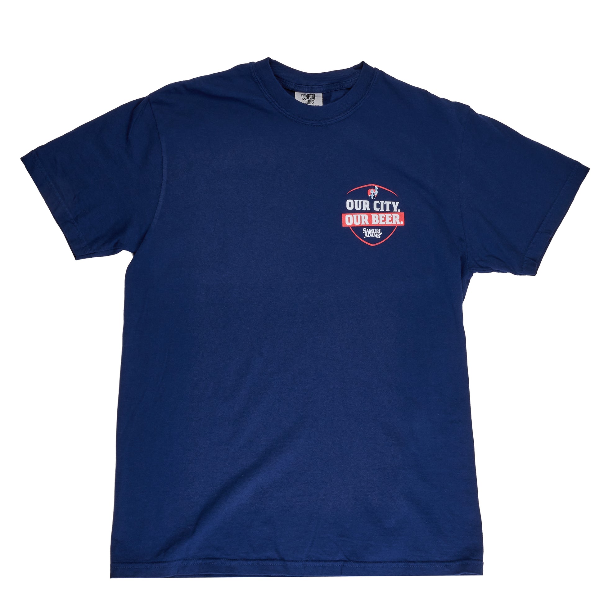 Blue t-shirt with a logo on the chest against a white background