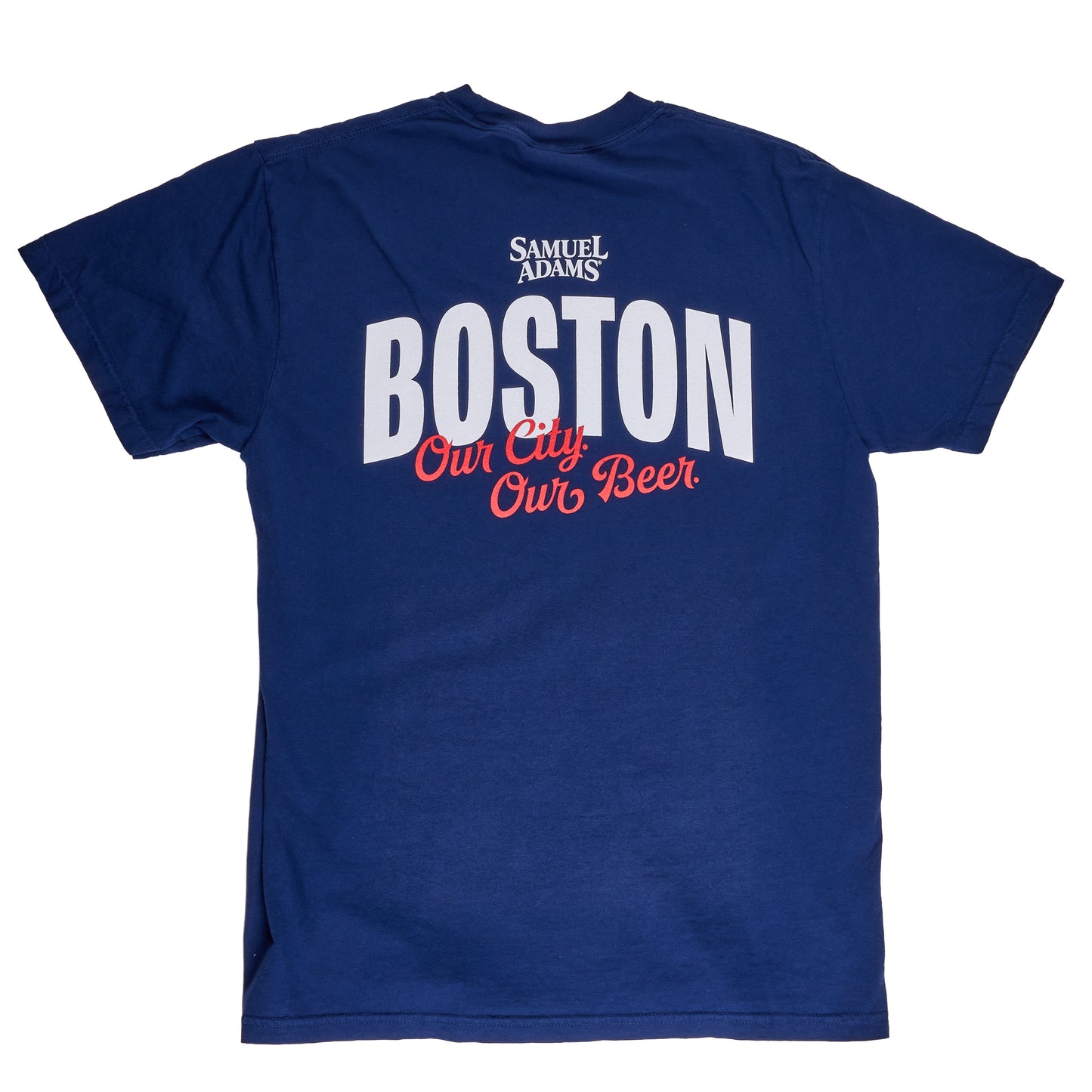 Blue t-shirt with 'Boston Our City, Our Beer' text on a white background