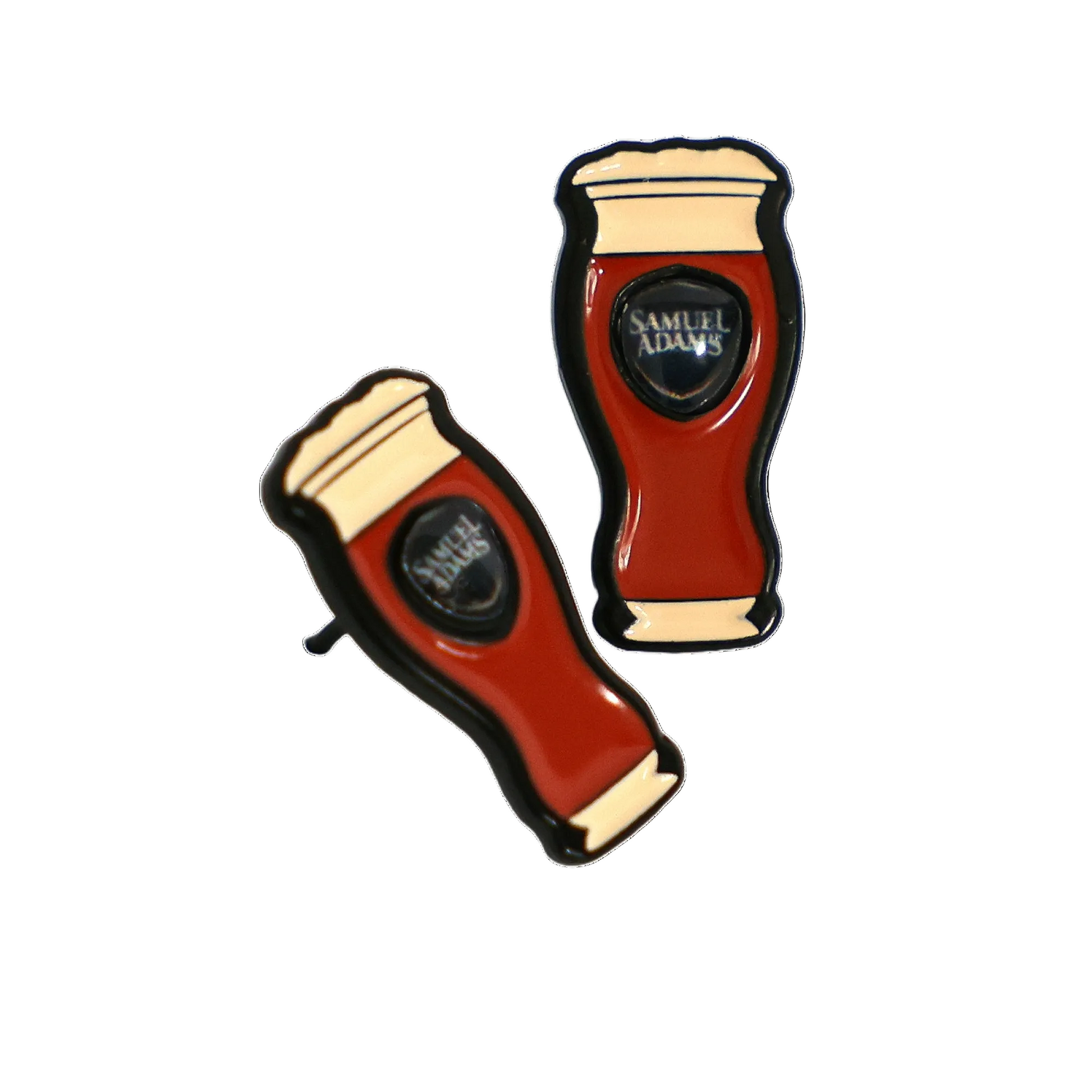 Soft enamel pair of earrings made to look like a perfect pint glass full of Sam Adams beer.
