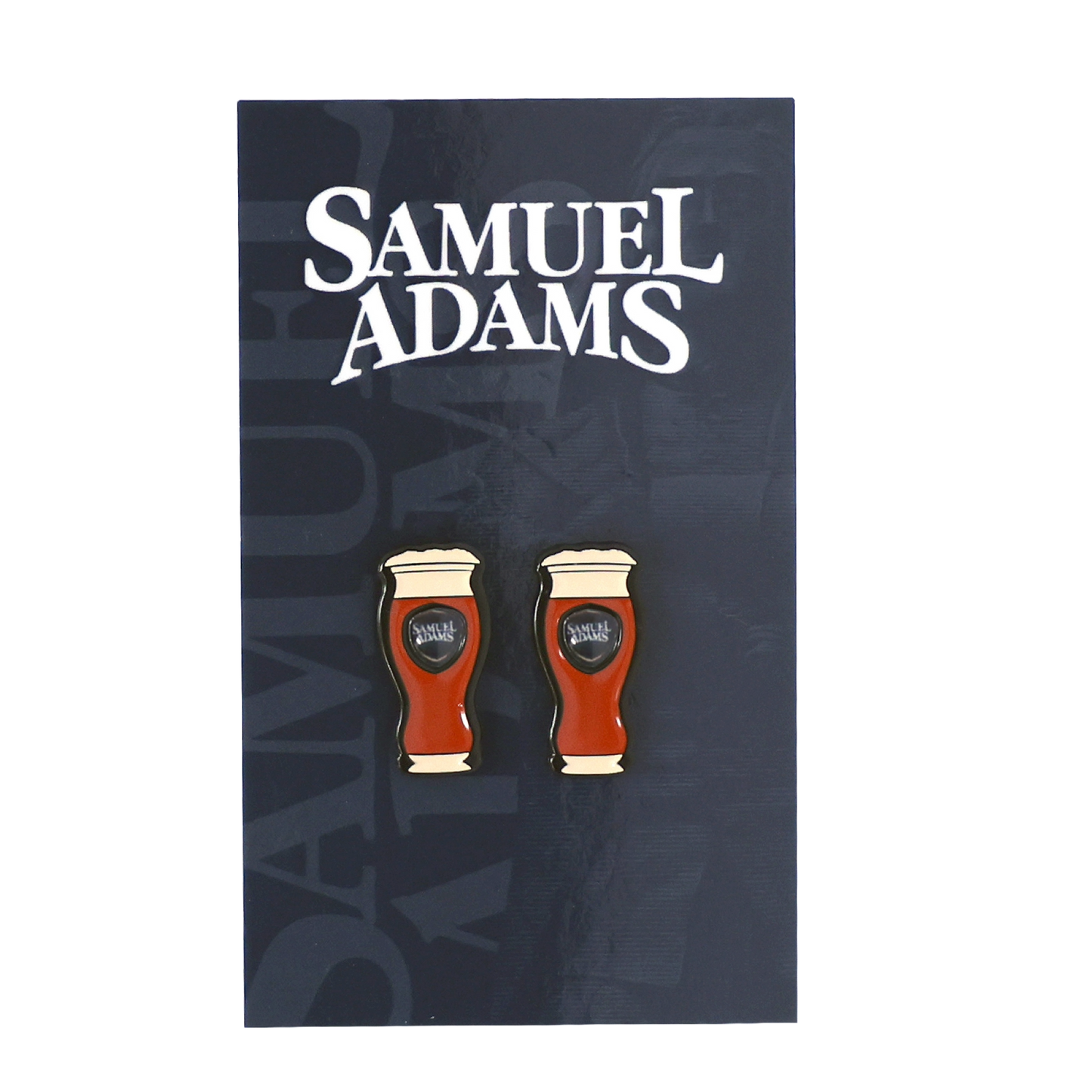 Soft enamel pair of earrings made to look like a perfect pint glass full of Sam Adams beer.