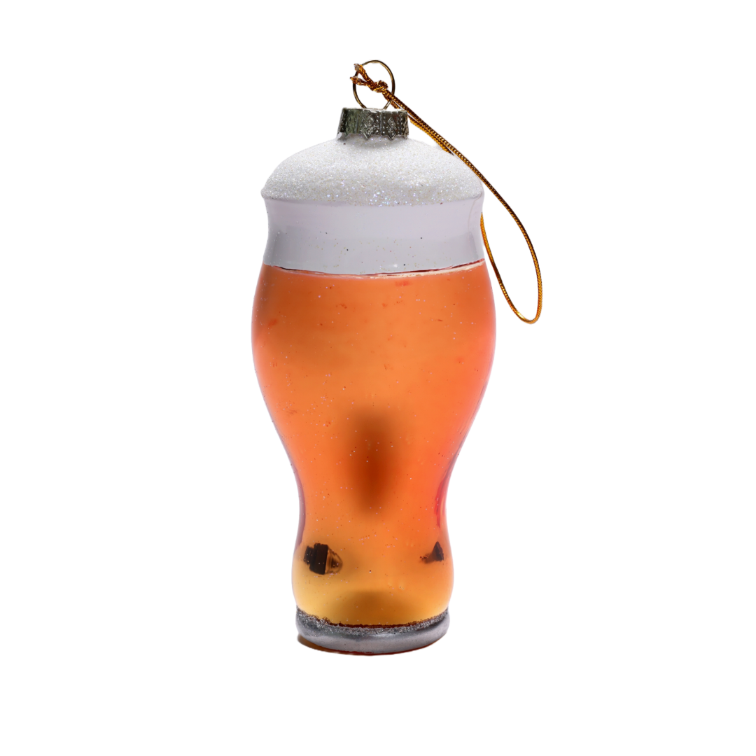A glass ornament modeled after a perfect pint glass full of Sam Adams beer.