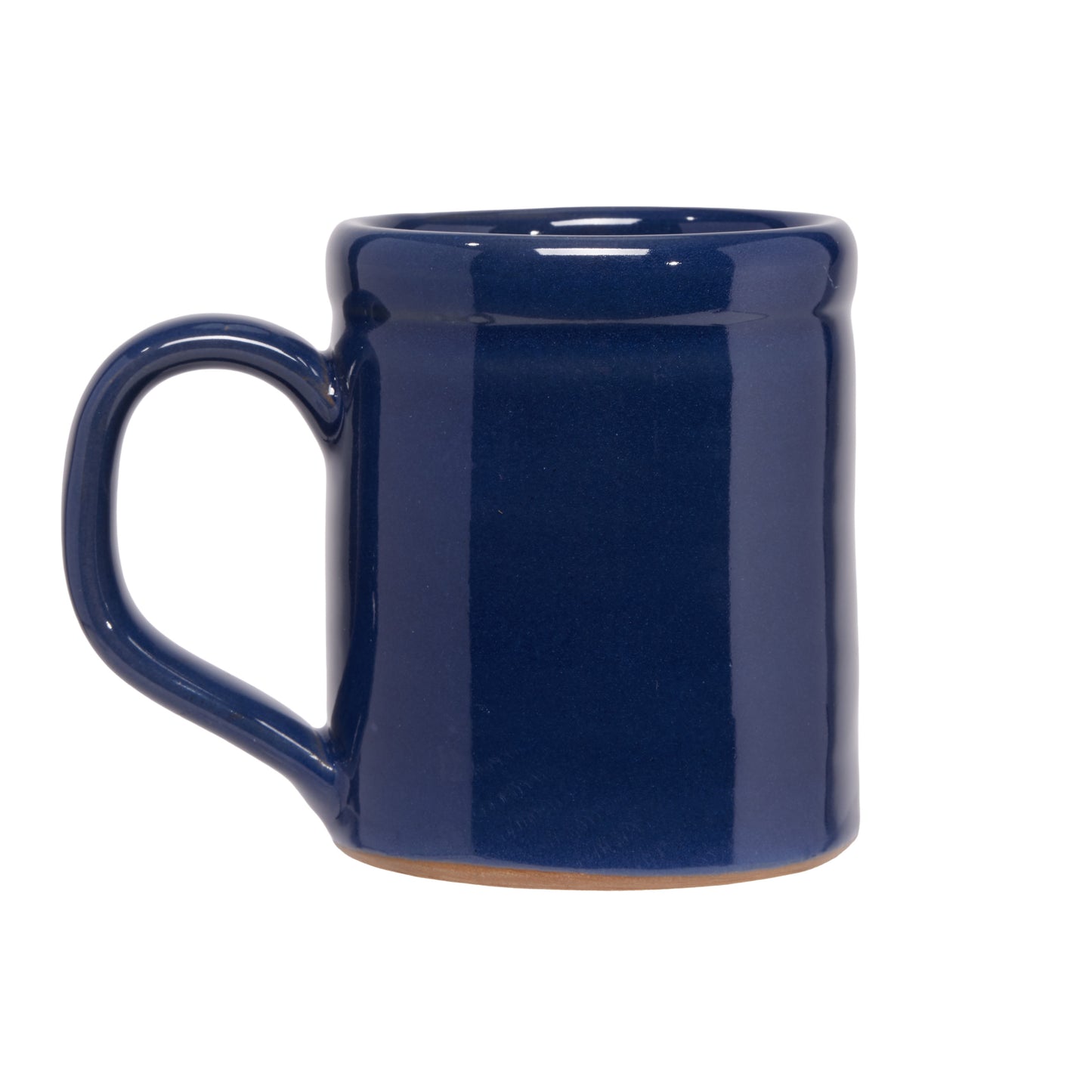 Back view of heritage blue ceramic mug with glossy finish and classic handle design