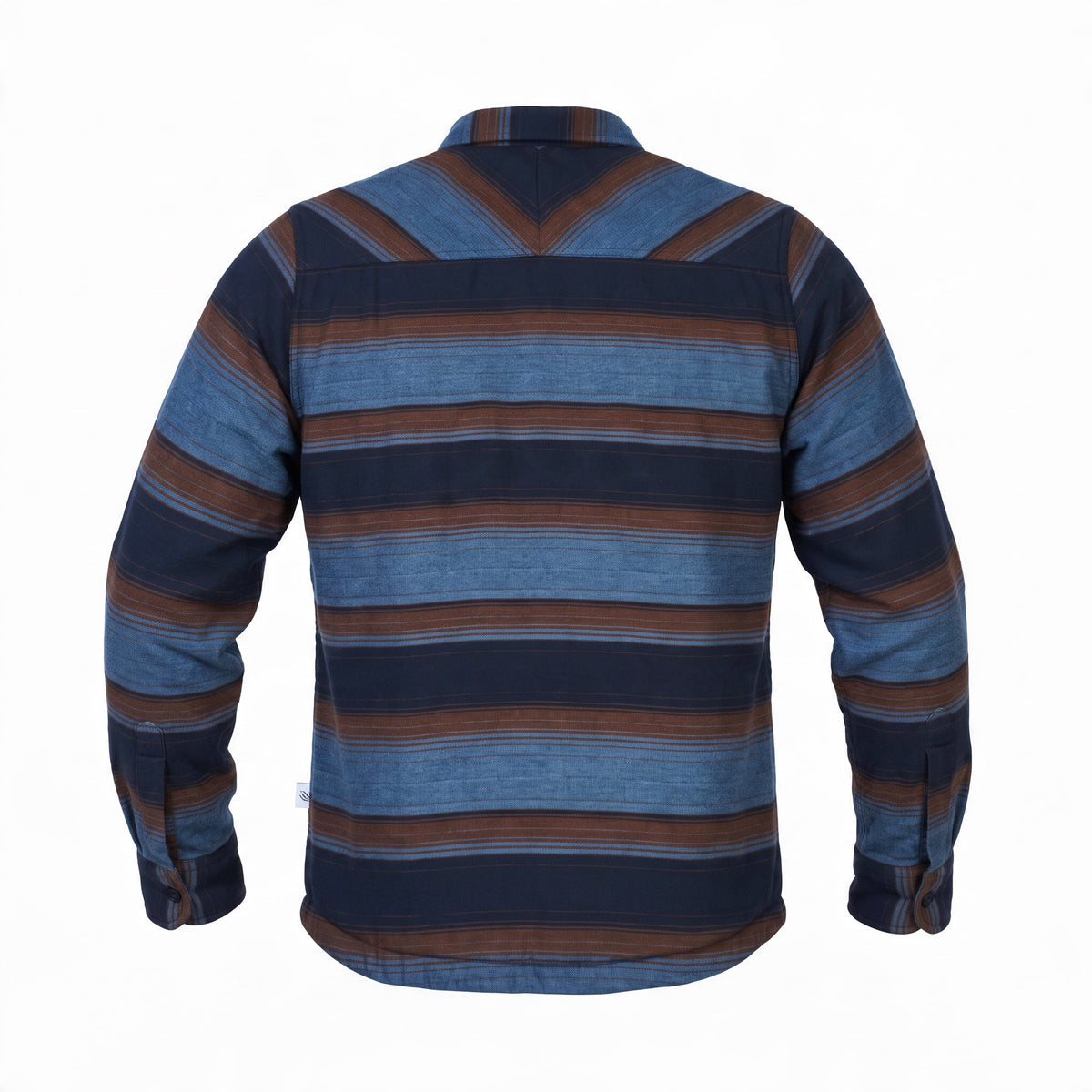 Blue and brown striped button up shirt with two pockets on white background. 