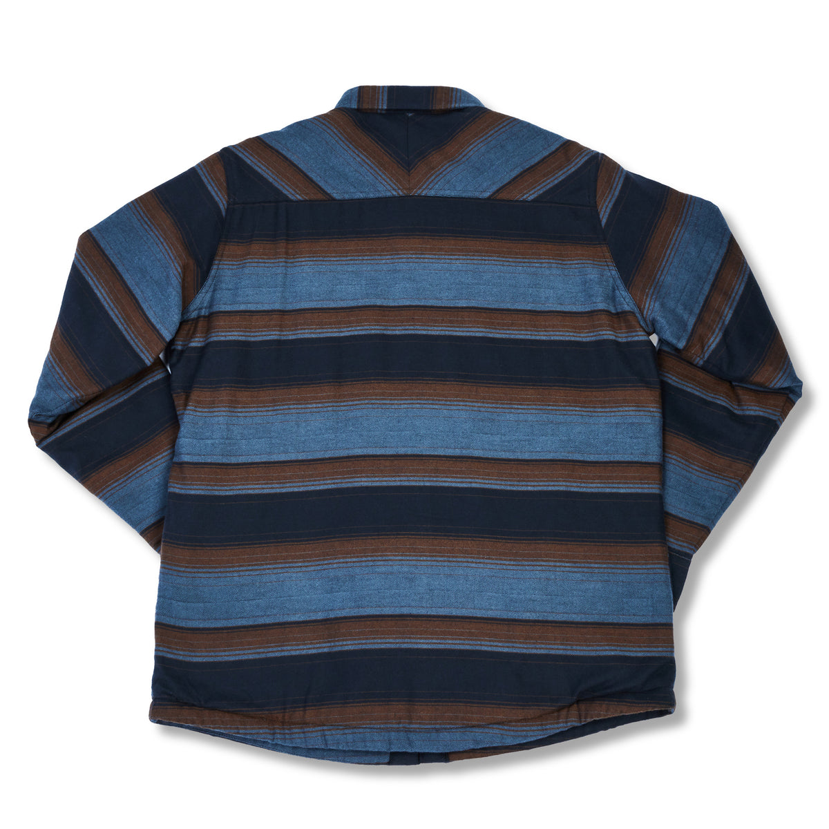 Blue and brown striped button up shirt with two pockets on white background. 