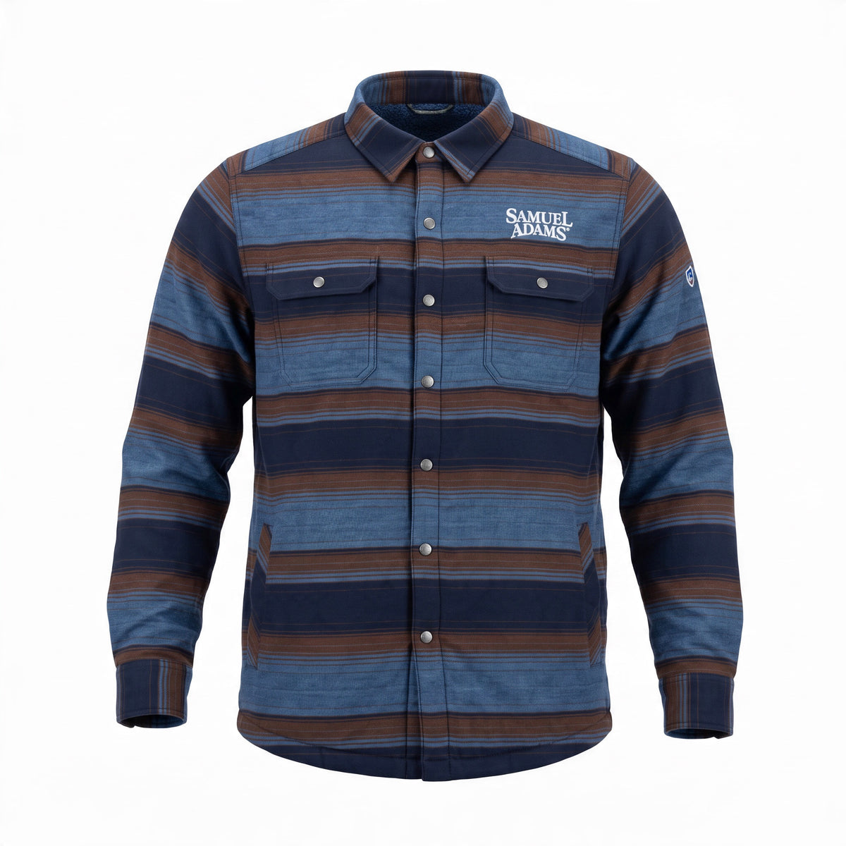 Blue and brown striped button up shirt with two pockets on white background. text says 'samuel adams' in white thread.