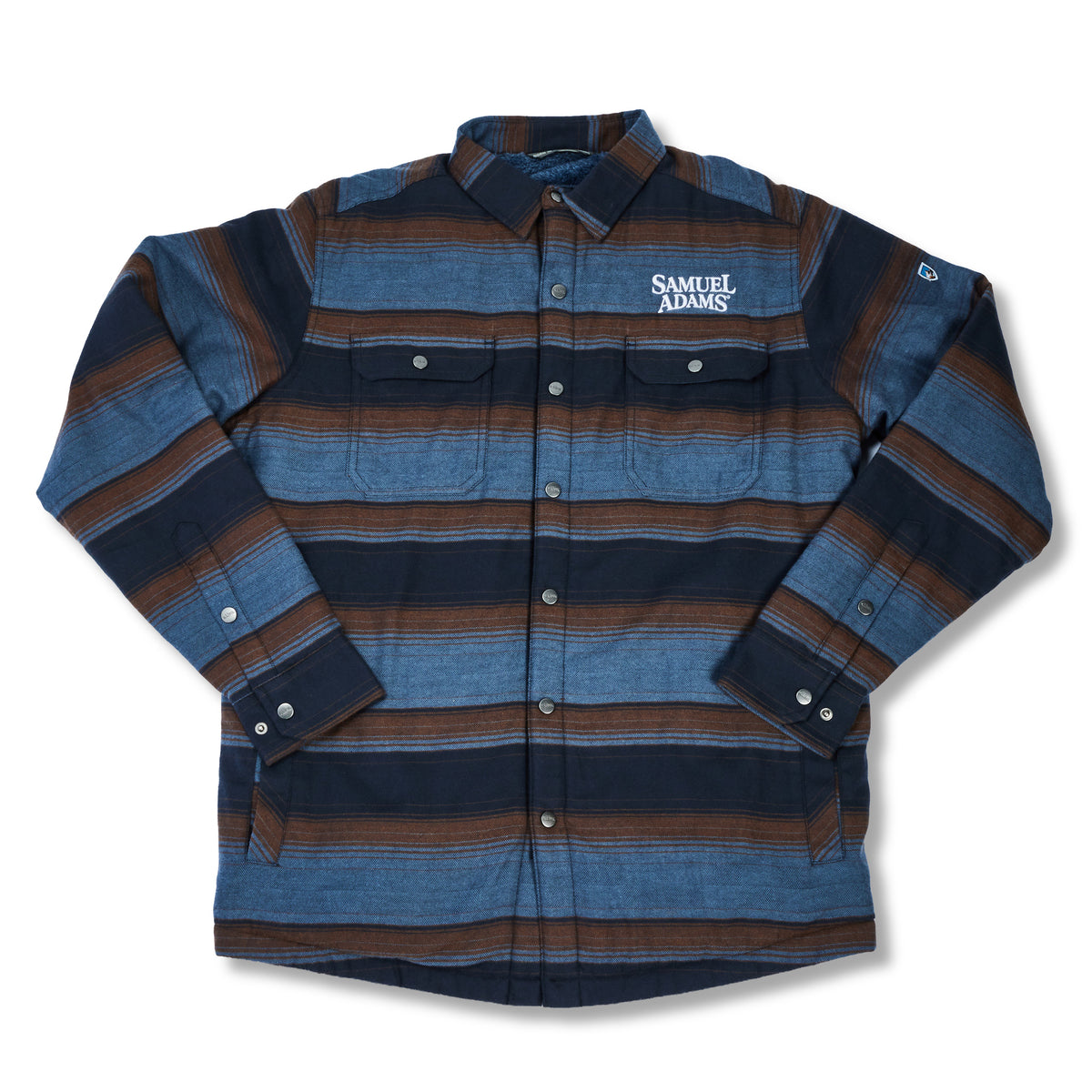 Blue and brown striped button up shirt with two pockets on white background. text says 'samuel adams' in white thread.