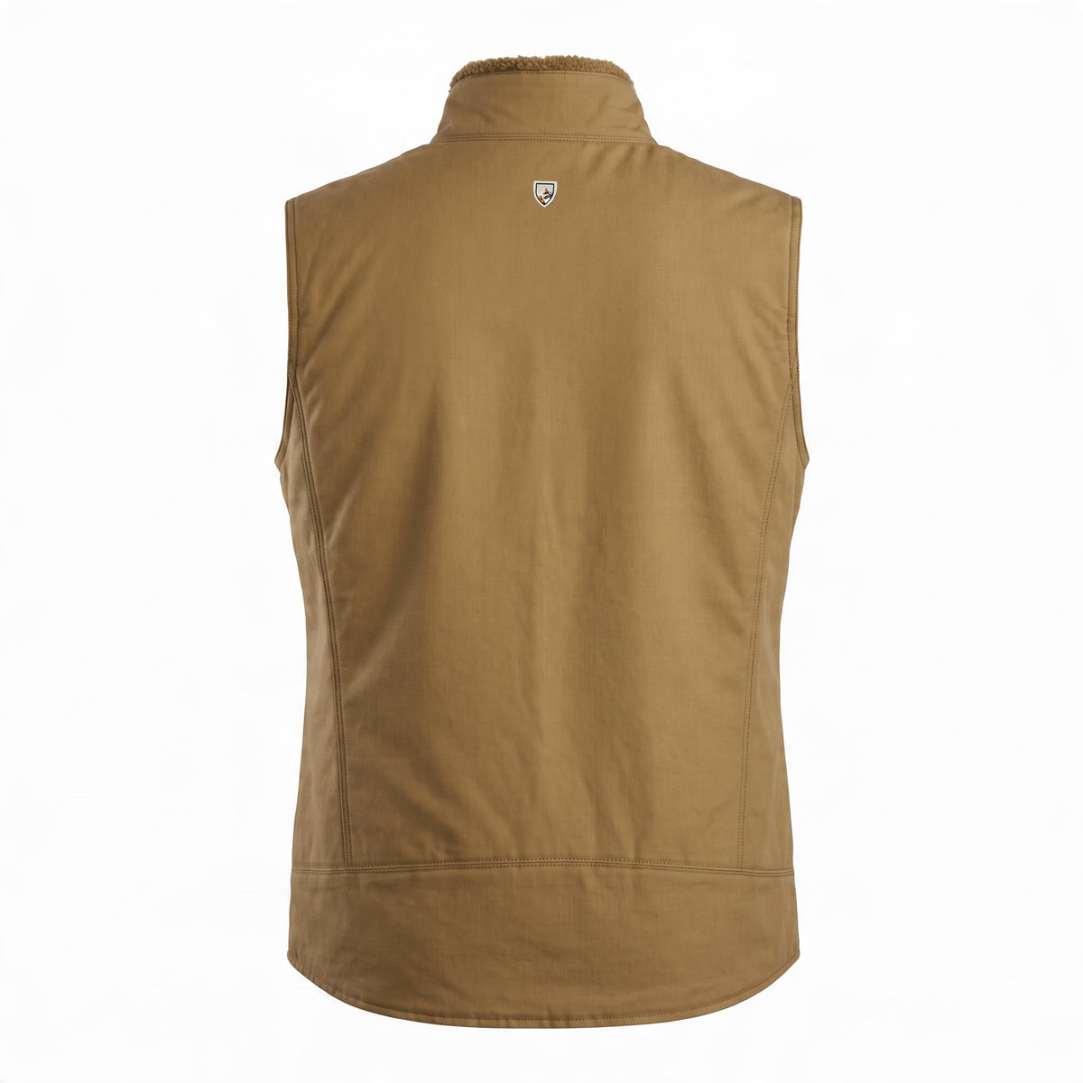 A sleeveless tan vest with a high collar, shown from the back against a plain white background.