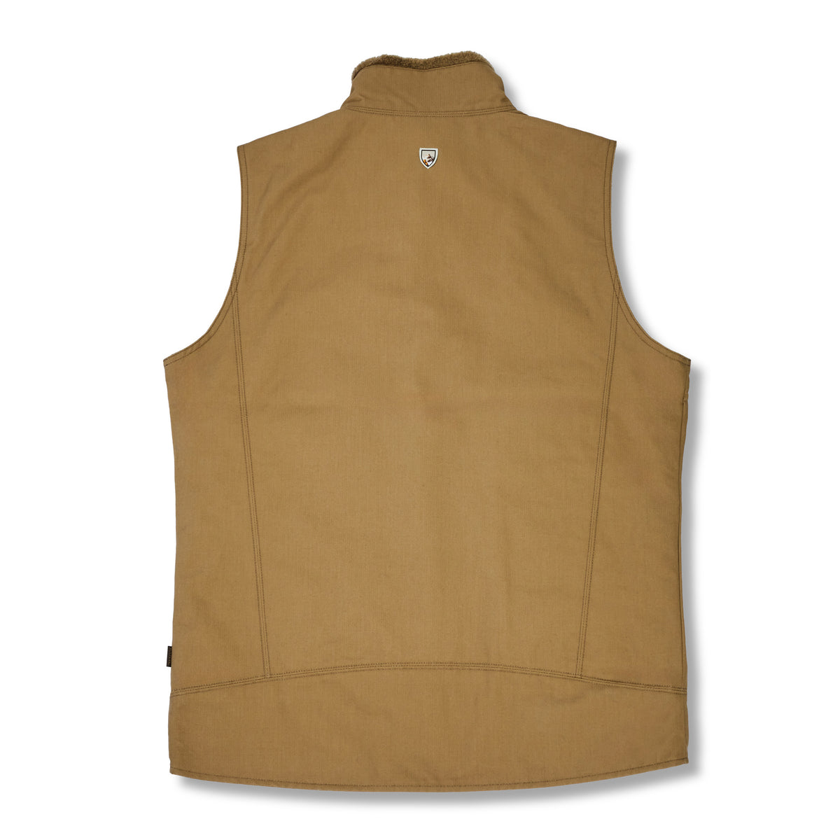 A tan sleeveless zippered vest shown from the back, featuring a mock neck collar and a small shield logo near the top center, photographed on a white background.