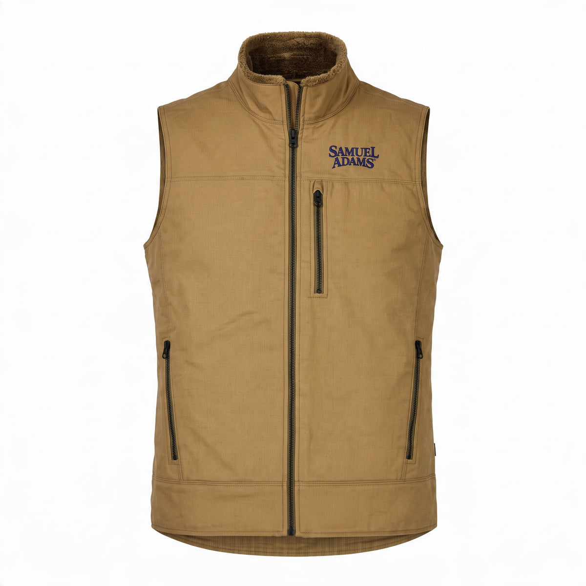 A tan sleeveless zip-front vest with a stand collar, black zipper details, and a blue 'SAMUEL ADAMS' logo on the left chest, shown against a plain white background.