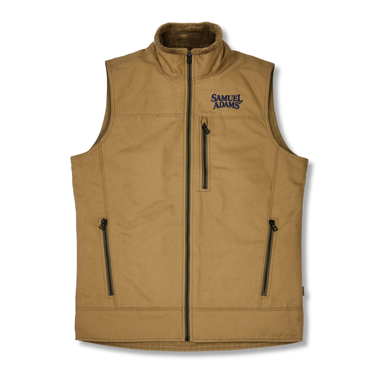 A tan sleeveless zip-front vest with a stand collar, two vertical zip pockets, and a dark embroidered 'SAMUEL ADAMS' logo on the left chest, shown on a plain white background.