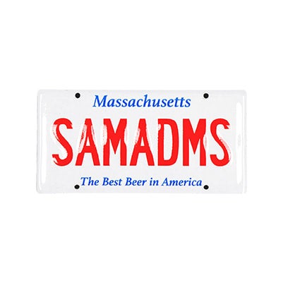 A Massachusetts license plate tacker with SAMADMS written in red letters.
