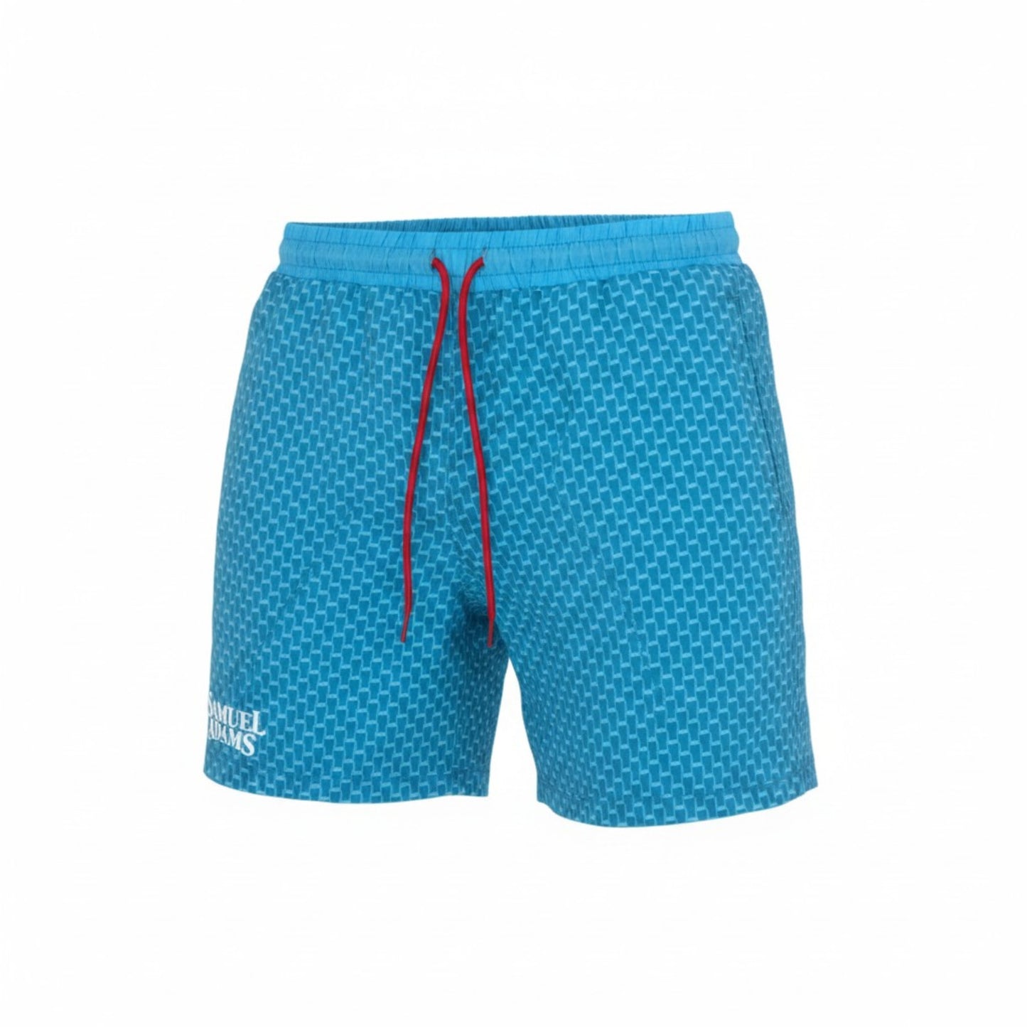 Samuel Adams blue pint pattern swim trunks with elastic waistband, red drawstring, and white Samuel Adams logo detail