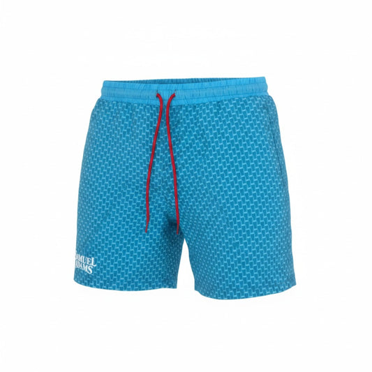 Samuel Adams blue pint pattern swim trunks with elastic waistband, red drawstring, and white Samuel Adams logo detail
