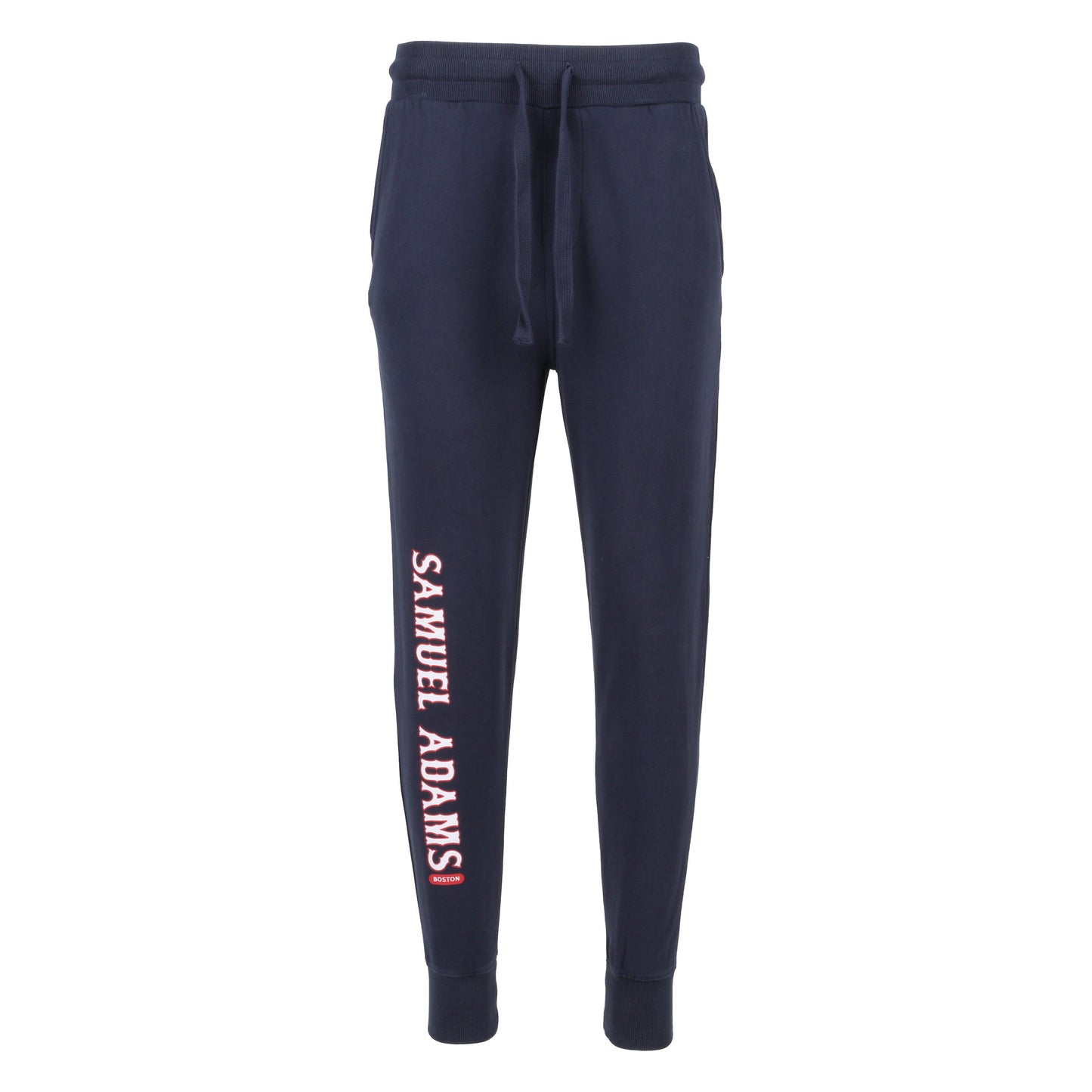 Navy joggers with Samuel Adams printed down the right leg in the classic Red Sox-style font.