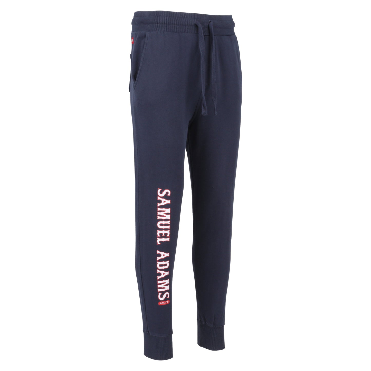 Navy joggers with Samuel Adams printed down the right leg in the classic Red Sox-style font.