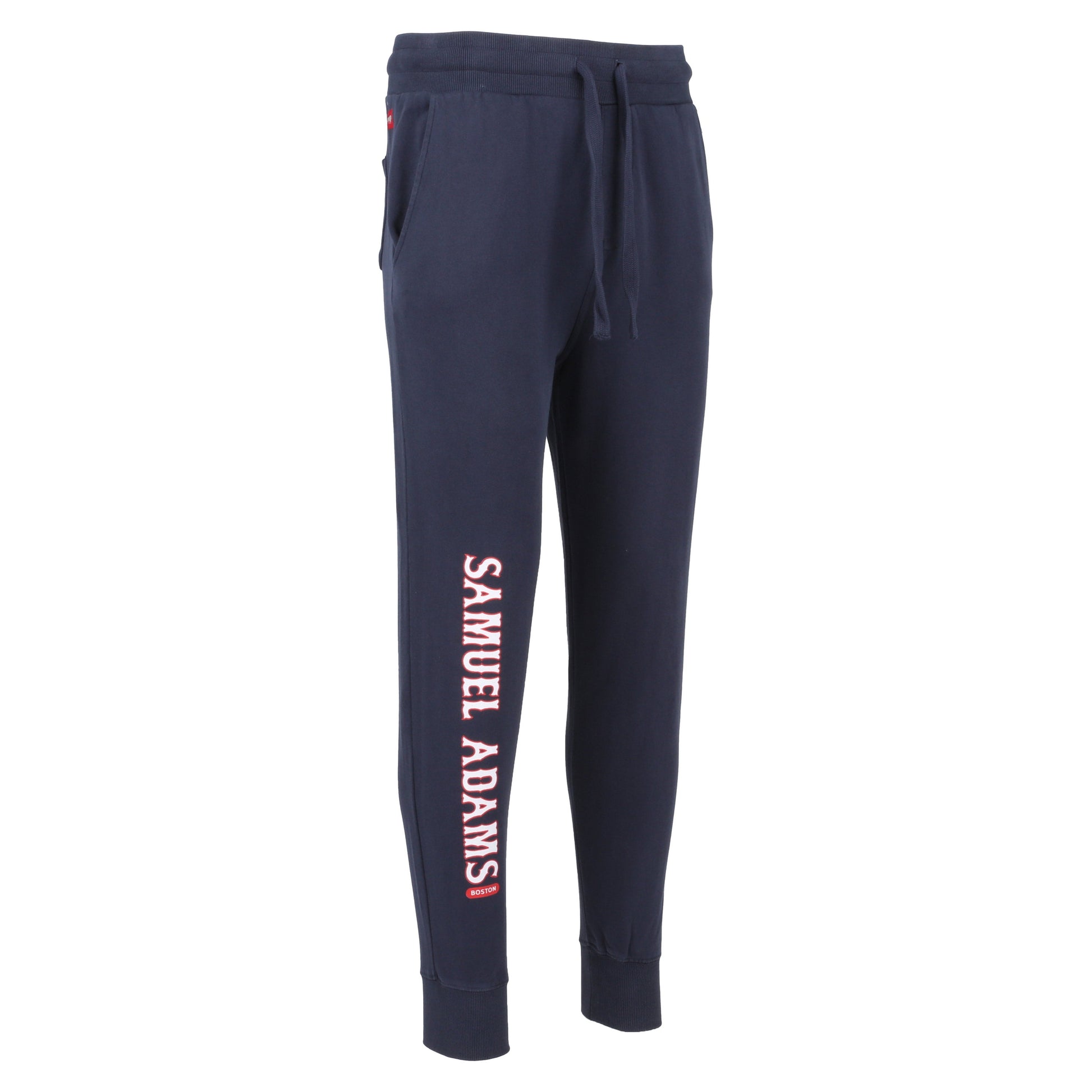Navy joggers with Samuel Adams printed down the right leg in the classic Red Sox-style font.
