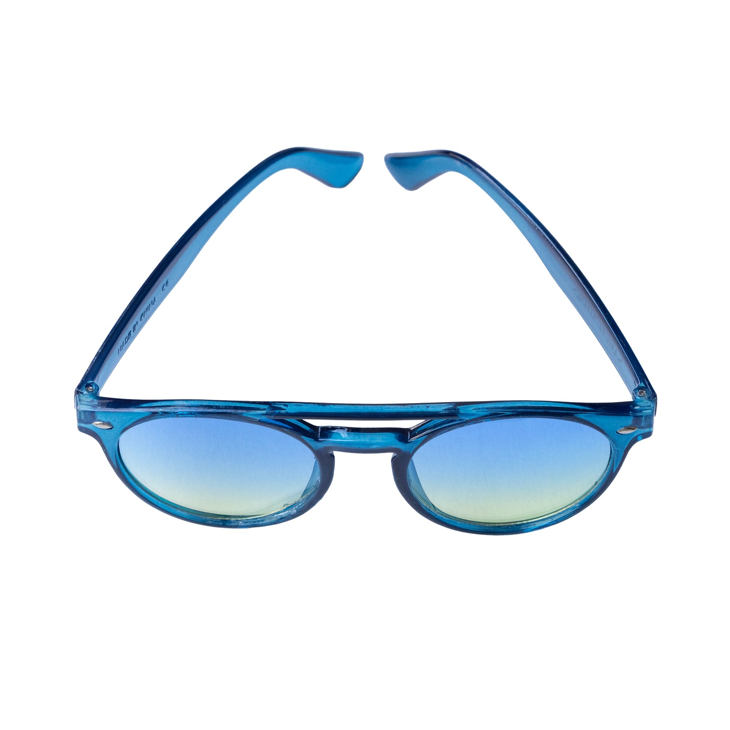 Samuel Adams sunglasses with translucent blue plastic frame, rounded lenses featuring blue‑to‑yellow gradient tint, glossy finish, and matching blue interior arms shown from top‑down open view