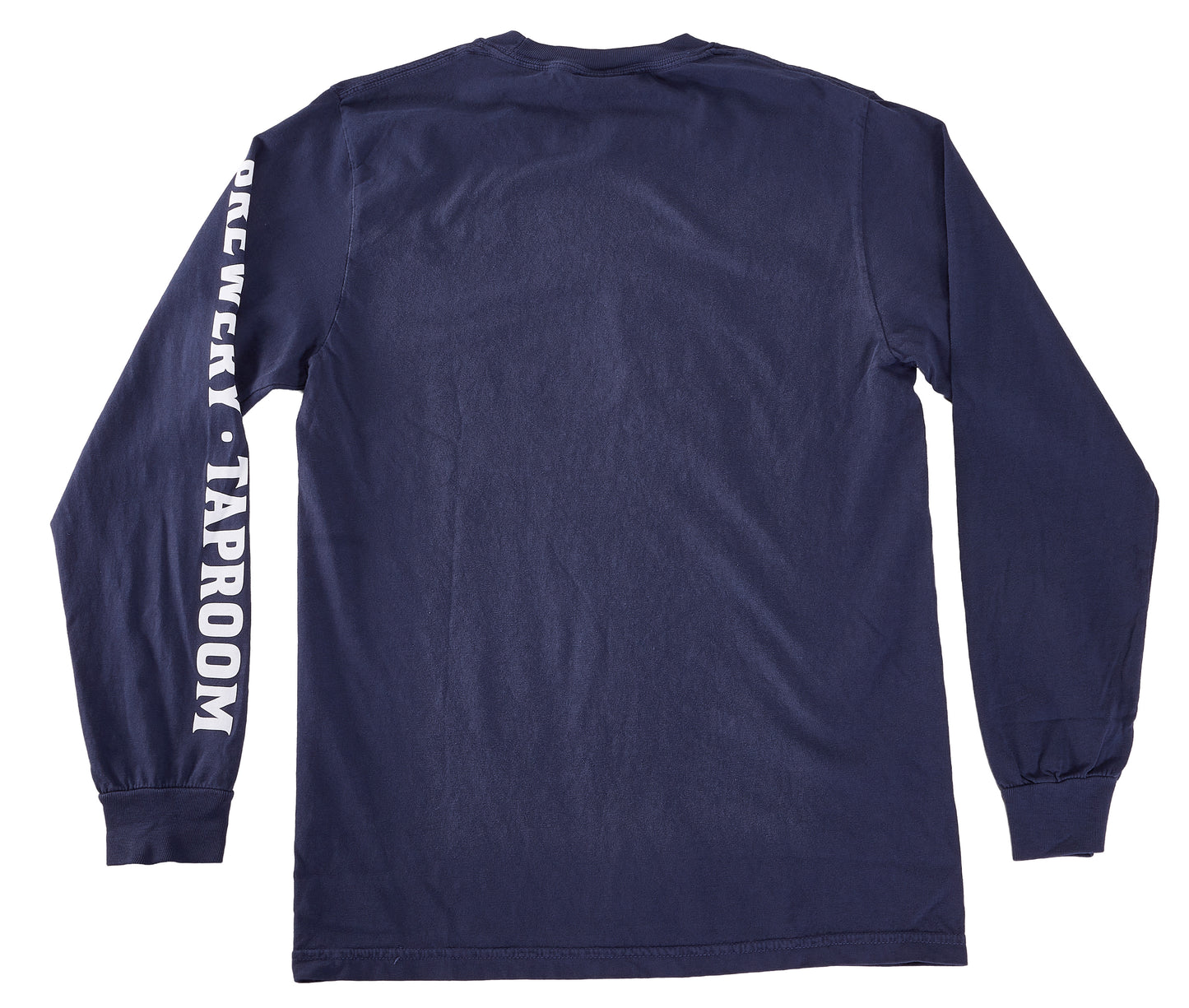 A navy blue long‑sleeve T‑shirt shown from the back. The shirt has ribbed cuffs and no graphics on the back, but the right sleeve features bold white vertical text reading “BREWERY · TAPROOM.” The fabric appears soft with a slightly textured finish.