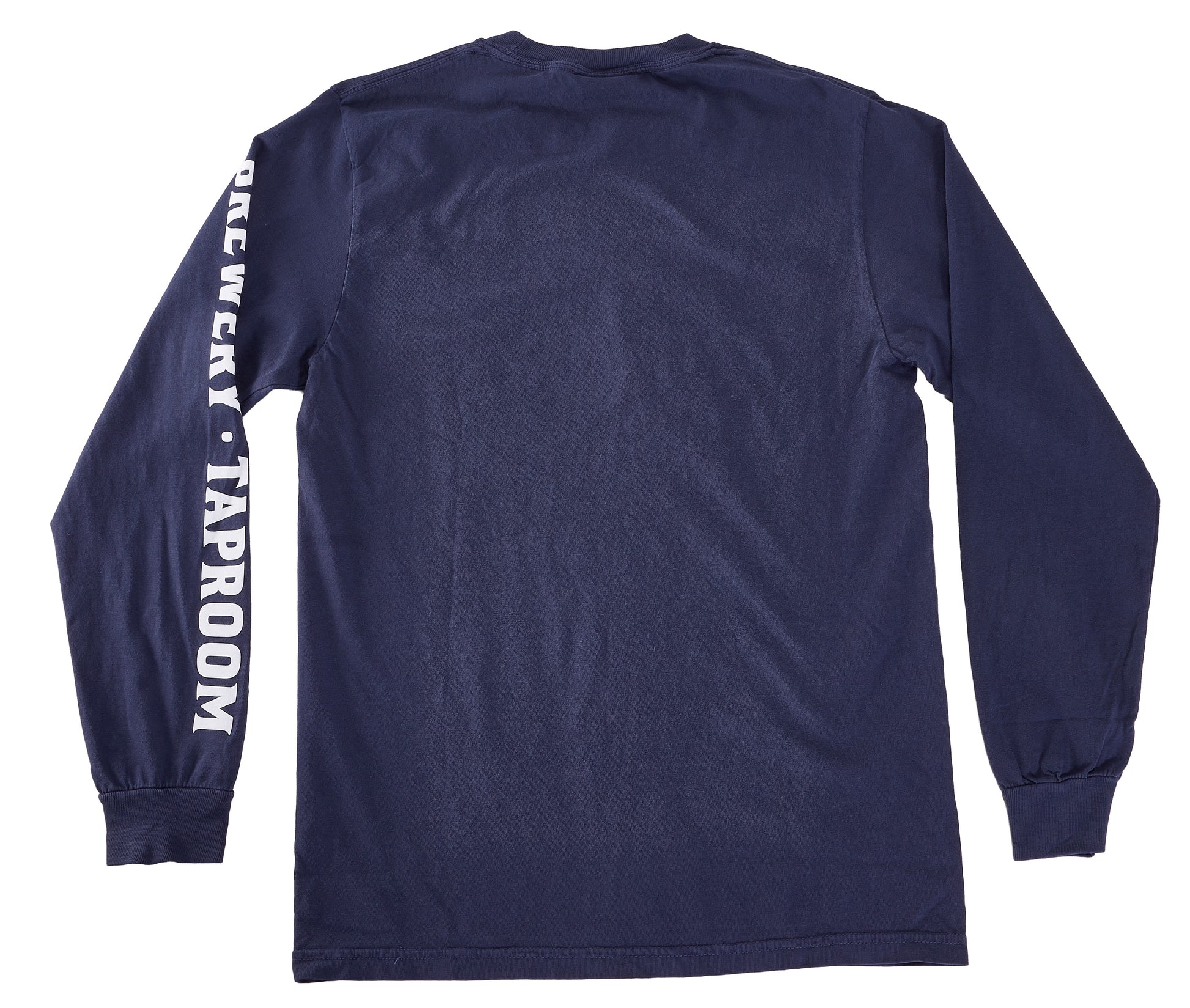 A navy blue long‑sleeve T‑shirt shown from the back. The shirt has ribbed cuffs and no graphics on the back, but the right sleeve features bold white vertical text reading “BREWERY · TAPROOM.” The fabric appears soft with a slightly textured finish.