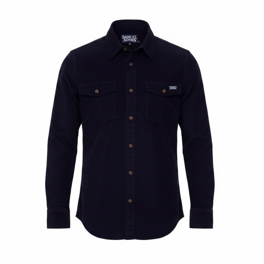 A navy button down corduroy flannel shirt against a white background. The Sam Adams logo is written in white on a pocket and on the tag. 